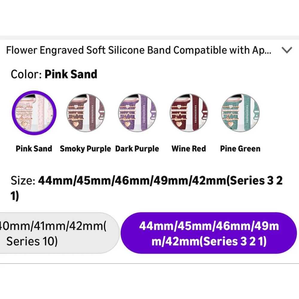NEW Apple Smartwatch Band Pink Rose Gold Flower Charms Engraved Silicone